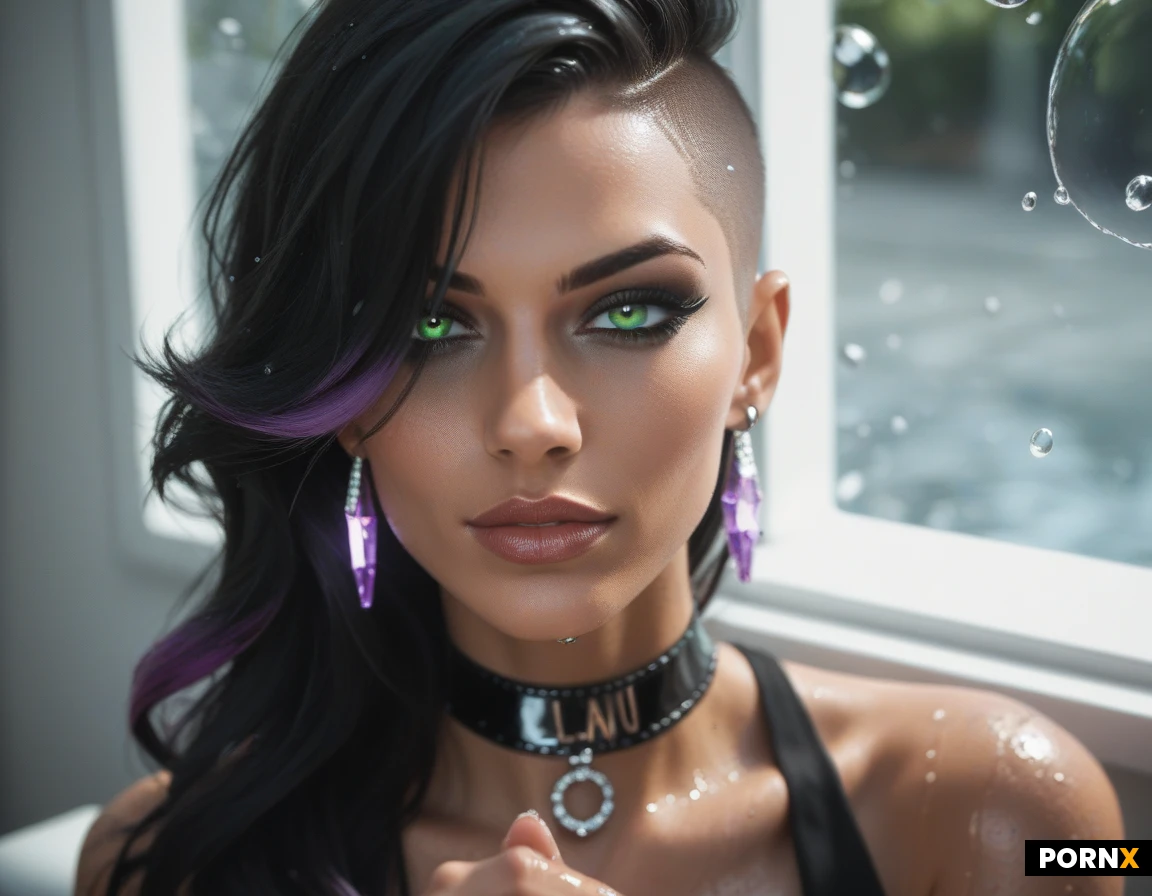 masterpiece, best quality, highres, absurdres, 1girl, solo, (long black hair: 1.5), long black hair, undercut, long purple highlights: 1.5, hair over one eye, luminous pretty green eyes: 1.5, smoky eye makeup, eyeshadow, mascara, eyeliner, dark_tan_skin, luxurious_choker, emerald_earrings, wet_hair, water_droplets, seductive, half_smirk, horny, prostitute, bimbo, professional, pov, blowjob, from above, close_up, high contrast, full color, dehazed