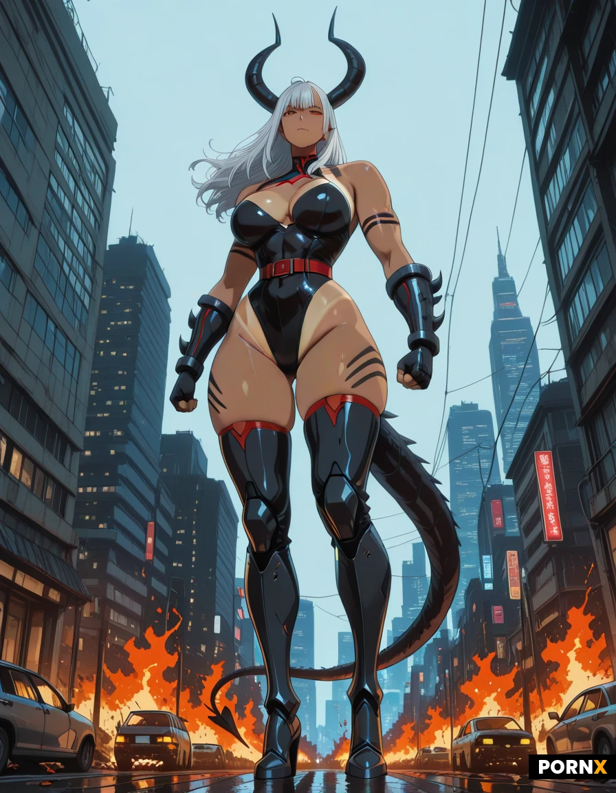 Night time Tokyo city decayed building, cyberpunk,highly stylized and detailed face Giant muscular:1.5 thick woman, standing in street, perspective from ground. Futuristic armour, Taller than a building 50ft tall, amazonian monster tan skin stripes on skin, woman, , crushed cars, succubus, black dragon tail, long horns, giant metal boots on feet, 4k cinematic lighting, superhero aura thick waist, burning cars