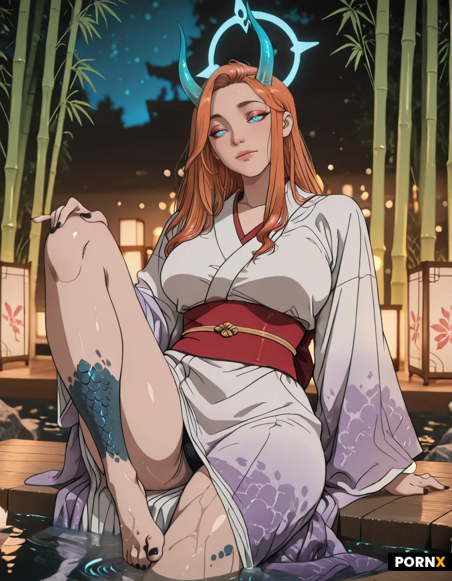 A lithe dragoness with iridescent black-blue scales that catch the light like oil on water, amber-glowing eyes and delicately curved horns leans back into a sumptuous violet silk kimono, the garment slipping open to reveal a chiseled, sculpted torso and a thin ember-hued layer of scaly skin that shimmers under soft rim lighting. She sits in a perfect lotus, the right knee lifted to accentuate the subtle curve of her muscular thighs, her delicate feet displayed with lacquered black nails and thin jade chains glinting between the toes, each scale rendered in hyper-realistic detail. A muted dawn backlight creates a faint halo around her silhouette, casting a gentle glow that highlights the translucence of the kimono fabric and the glossy texture of her scales, while a blurred zen garden of bamboo stalks and paper lanterns drifts into an atmospheric, mysterious mist. The camera is positioned at ground level with a slight angular tilt, using a shallow depth of field that locks focus on her feet and lower legs, rendering the surrounding scenery as soft bokeh and emphasizing the sensual, otherworldly elegance of the scene. Rendered as an ultra-high-definition digital painting with cinematic lighting and 8K detail.