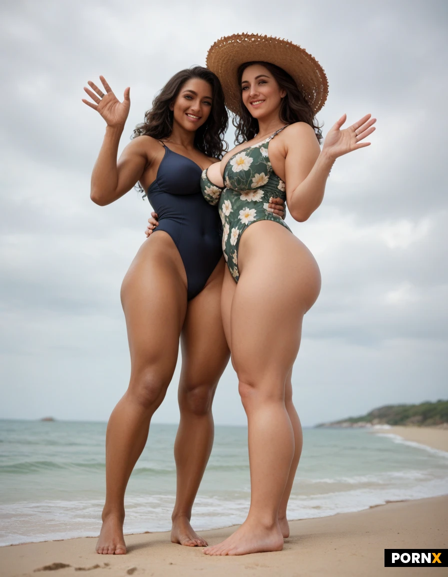 Woman, one character, 55 years with visible ageing signs, curvy soft body, medium size round ass, big boobs, long wavy black hair, small nose, green dove eyes, dark light skin slightly tanned. Happy expression, standing and waving right hand holding a pair of sunglasses in hand. Wearing a dark green two piece swimsuit with the top piece being covering like a comfy bra with floral print and a straw sun hat. View from below, full body shot, facing camera, on a beach.
