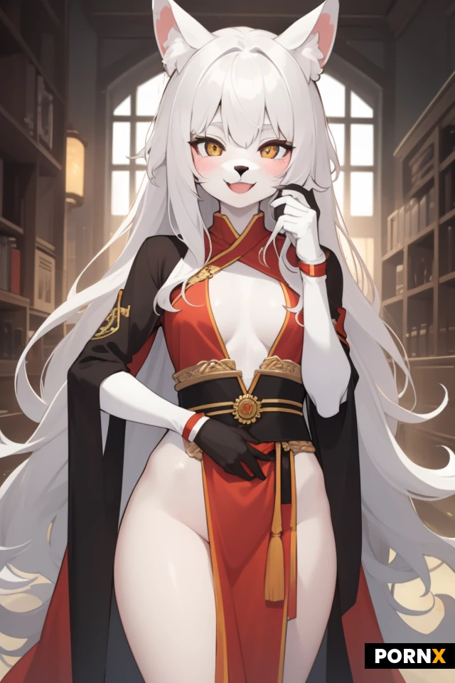Woman, One, 18 Years old, Asian, Furry, Skinny, White skin, Small breasts, Skinny thighs, Happy face, White hair, Slicked hair, Long hair, Amber eye color, Prehistoric clothes, Ancient city