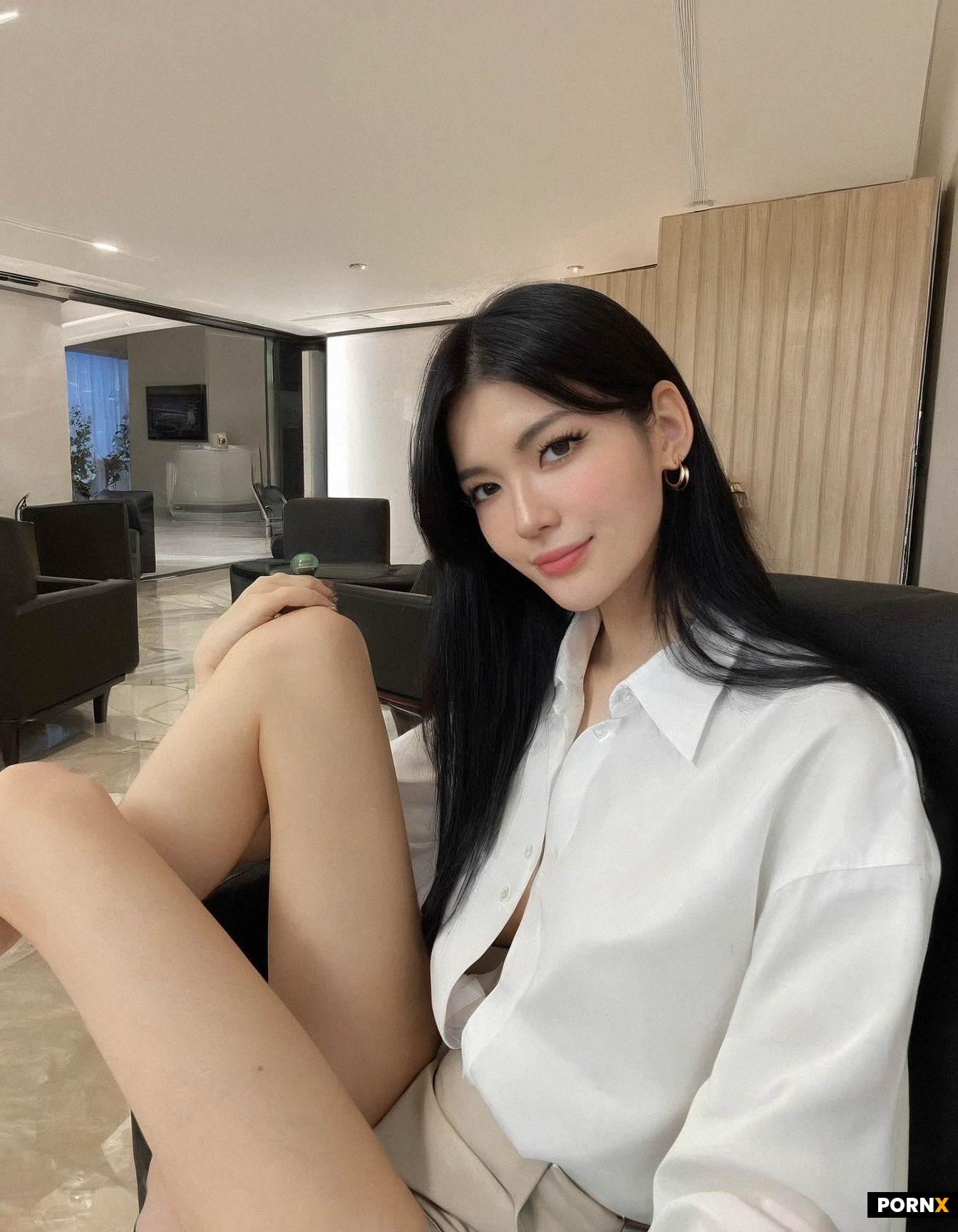 Woman,20 Years old,(((tall))),((((slim long legs)))),(large beautiful eye), smiling, looking at camera, white blouse, sitting down, spread legs, office meeting room, korean, black hair