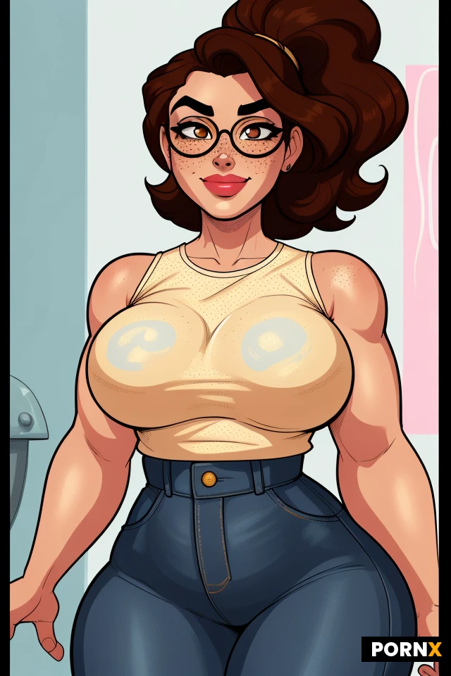 A full-figured, plus-size adult woman. She has a broad, rounded face; fair skin with scattered small freckles across her face, shoulders, and arms; large, expressive honey-brown eyes; delicate eyebrows; and **large, round, black-framed glasses**. She has a distinctive, cheerful, and slightly awkward smile, revealing **metal braces with small brackets**. Her expression is friendly, shy,, with a soft, natural flush on her cheeks. > > **Dark brown hair**—voluminous, thick, and slightly wavy—reaching about mid-back, with loose strands framing the sides of her face. Long, uneven bangs frame her forehead and eyebrows. The hair features intricate detail, a soft sheen, and a natural look. > > A **clearly adult, plus-size, full-figured body** with thick arms, broad shoulders, a wide torso, an undefined waist, and large, strong legs. Natural, consistent proportions; sexy, busty, and thick-thighed; naturally full-figured and robust. > > She wears a **golden-yellow top featuring a pattern of large, light grayish polka dots**, paired with **high-waisted blue jeans** showing natural fabric creases and texture. Casual, comfortable attire. > > **Visual style:** Modern Western-style 2D anime digital illustration; clean yet organic lines; well-defined contours; soft cel-shading blended with digital painting; warm lighting; vibrant yet slightly pastel colors; hand-drawn highlights; subtle painterly texture; and an extremely polished finish. Expressive eyes, a friendly, cartoon-style face, and stylized yet consistent anatomy. > > **Features that must remain constant:** face shape, round glasses, large brown eyes, freckles, braces, signature smile, long voluminous b