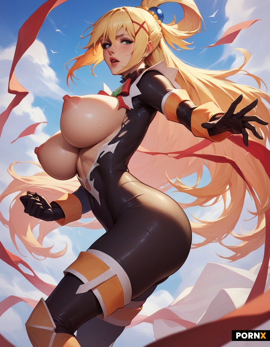 Konosuba darkness blonde bodysuit big breasts cleavage pink erect nipples bubble butt