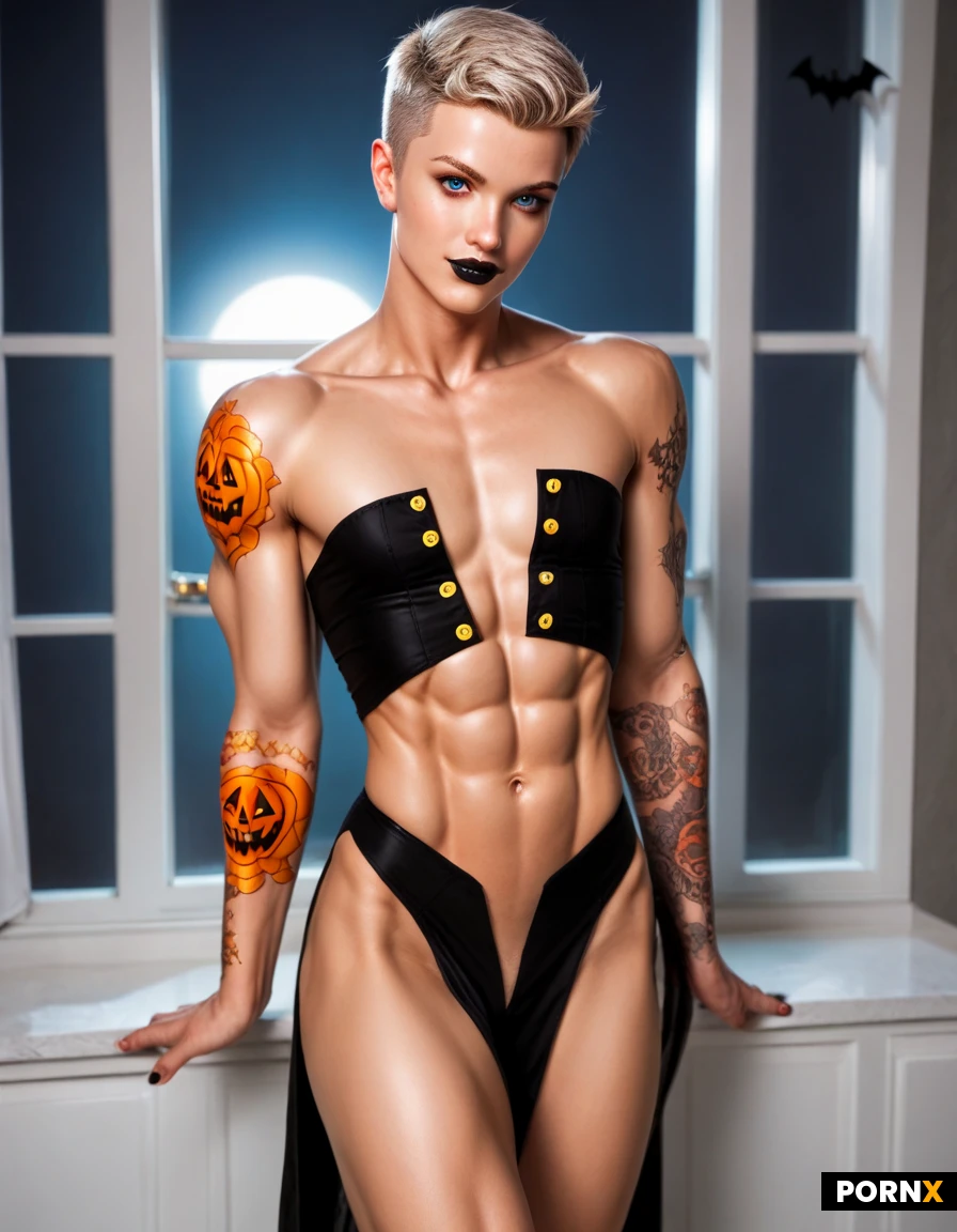 beautiful woman, short platinum blonde hair, fair skin, medium breasts, dim bedroom at night, moonlight through window, blue shadows, Sexy yet dangerous, Feminine yet butch, strong girl. Slender, muscular, toned, taught, tight, body. Defined collarbone and abs and thighs. Sexy face with a scar above right eye and a cute button nose. Flat chest. Short messy platinum blonde pixie haircut. Mesmerizing blue eyes gazing at viewer. Lustful facial expression. Black lipstick. Alluring and dangerous outfit. Skin covered in sexy tattoos. Halloween themed background along with Fall colors (orange, red, yellow, black). Provocative pose.