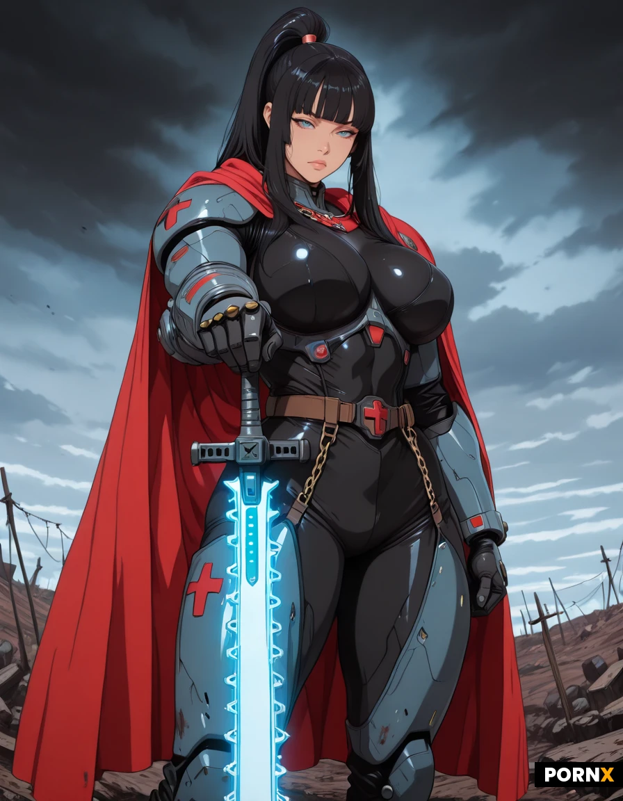Standing On A Battlefield, Space Nun, Power Armor, Year 40k, High Ponytail, Make-up, Chain Sword In Hand, Cape Billowing In The Wind, Fighting Pose, Stormy Sky, Looking Down On viewer, Pointing Sword At Viewer