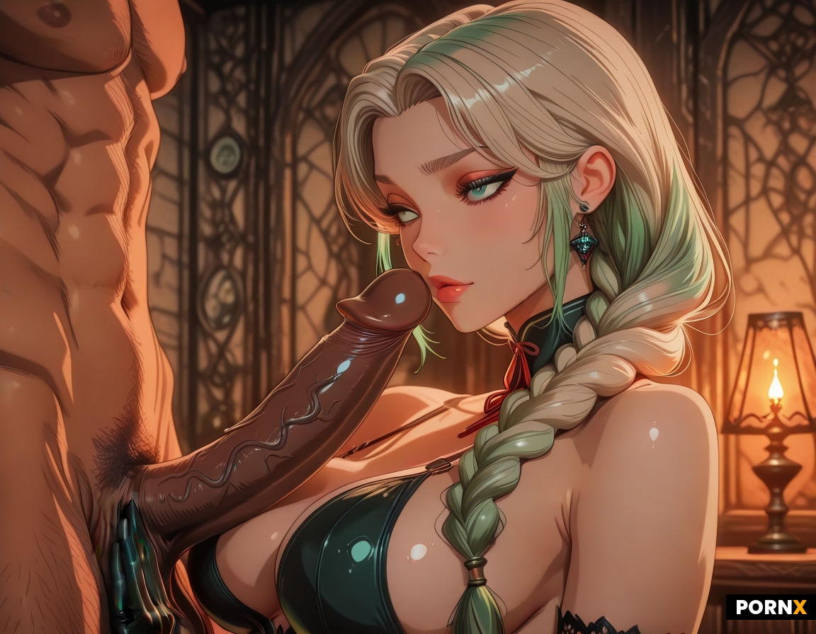three persons: first futanari nymph with one big and one small natural boob
