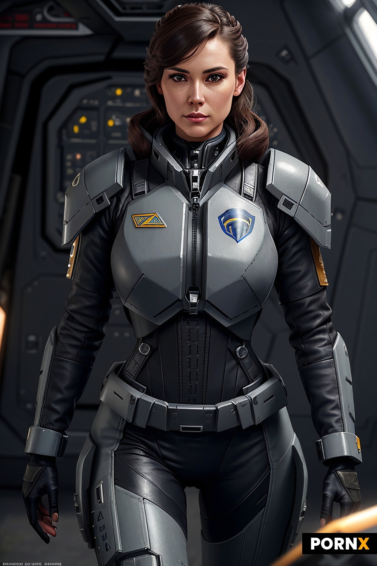 A highly detailed and realistic digital painting of a fierce female Battletech aerospace pilot in he