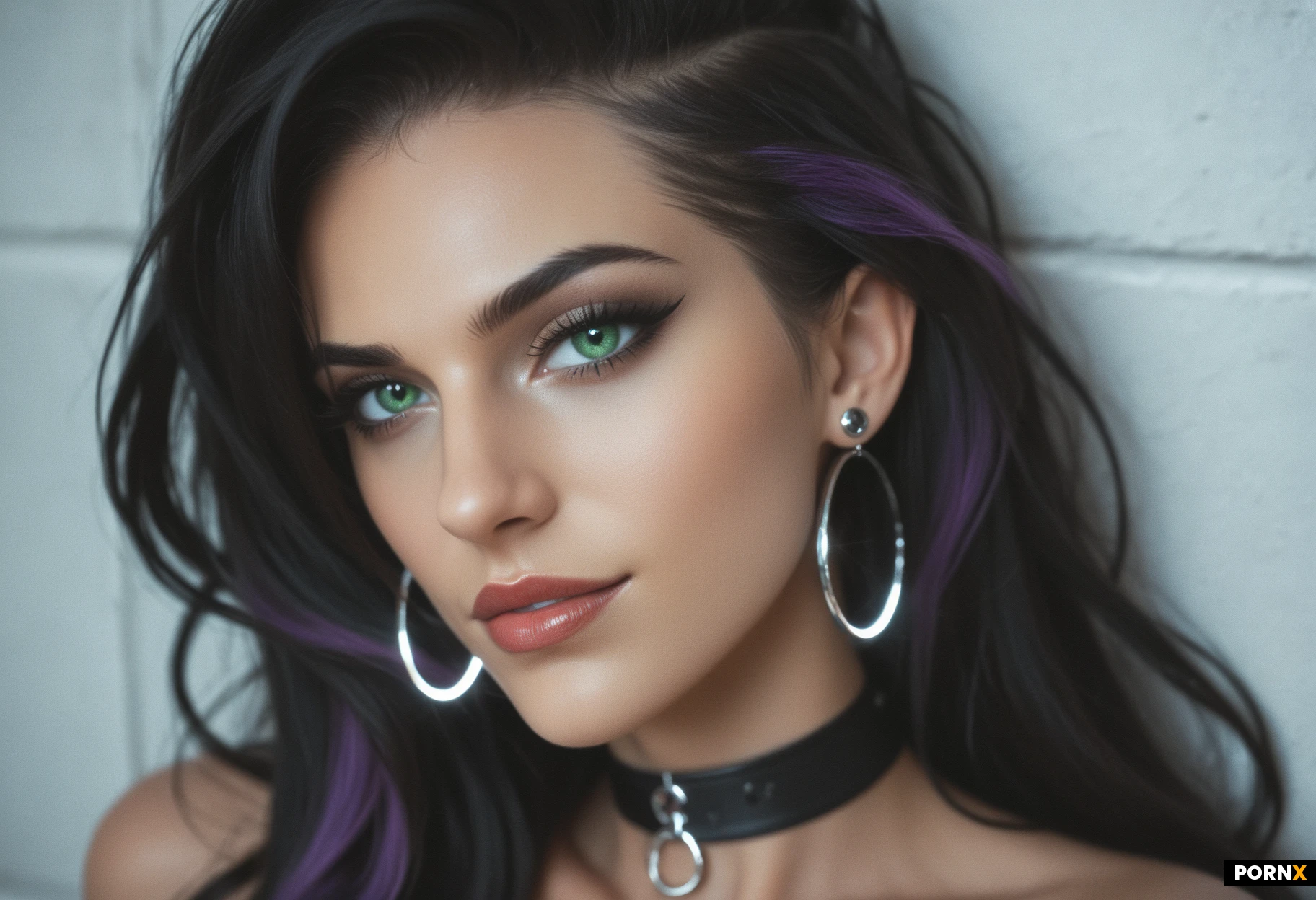 POV older mature stunning face, cock worship, masterpiece, best quality, highres, absurdres, 1 very seductive supermodel woman, slender (long pointed nose: 1.0), firm wide jaw, solo, looking_at_viewer_very_intimately, from_above, close-up, long hair over eye, black hair, (purple highlights), (undercut), (brilliant luminous green eyes), heavy black eyeshadow makeup, mascara, eyeliner, dark tanned skin, sly half smirk, seductive and horny, (green earrings), gemmed choker, nude cleavage, medium breasts, she is being naughty, detailed eyes, high contrast image, photorealism, dehazed image, brilliant colors