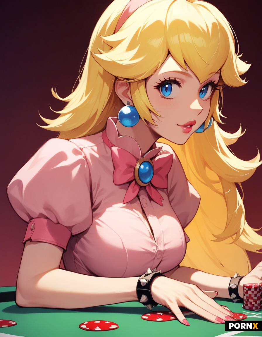 Side view of Princess Peach playing poker