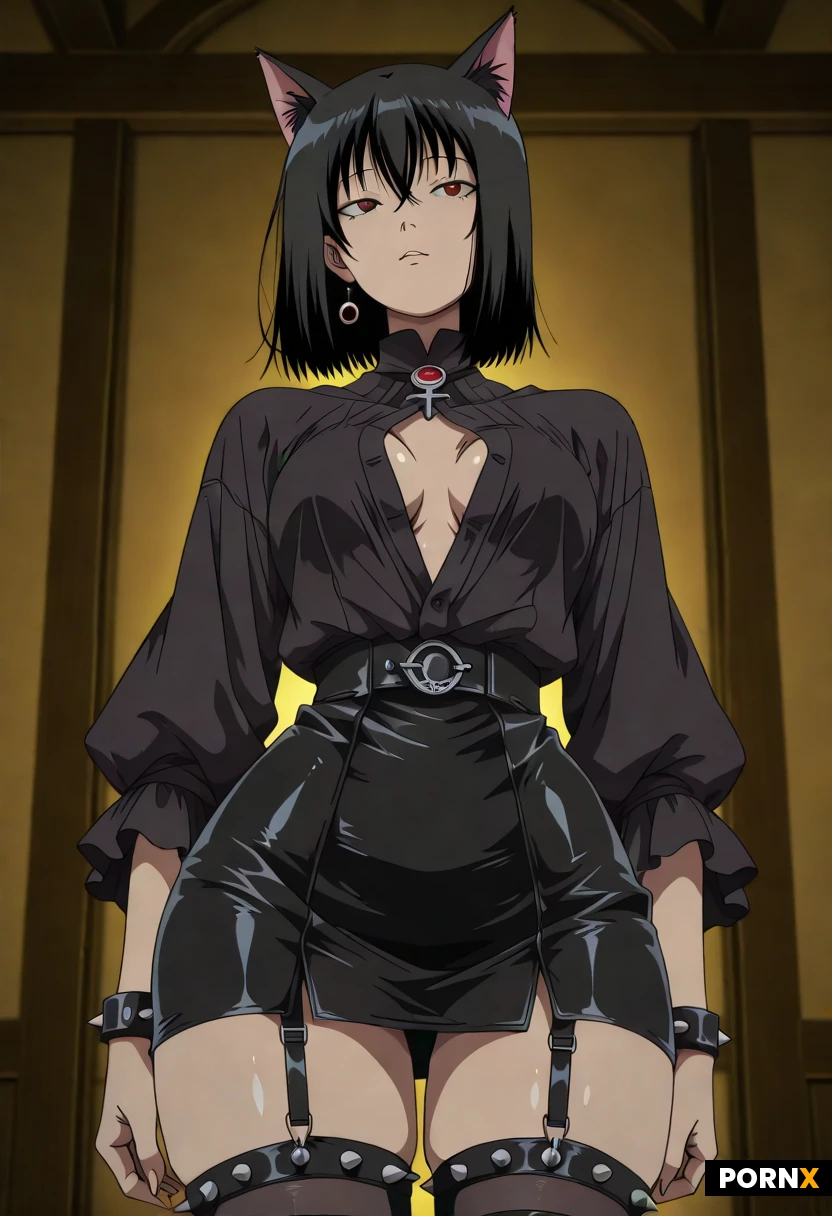 Eko eko azarak
Close up, (witchcraft ), Pinup, black cat ears, wide hips, ( kouta hirano manga art style:1.8 ) ( small breasts )-(transwoman masculine )
Black colored blouse, unbuttoned, , short skirt Japanese- outfit, thigh highs spiked garter belts