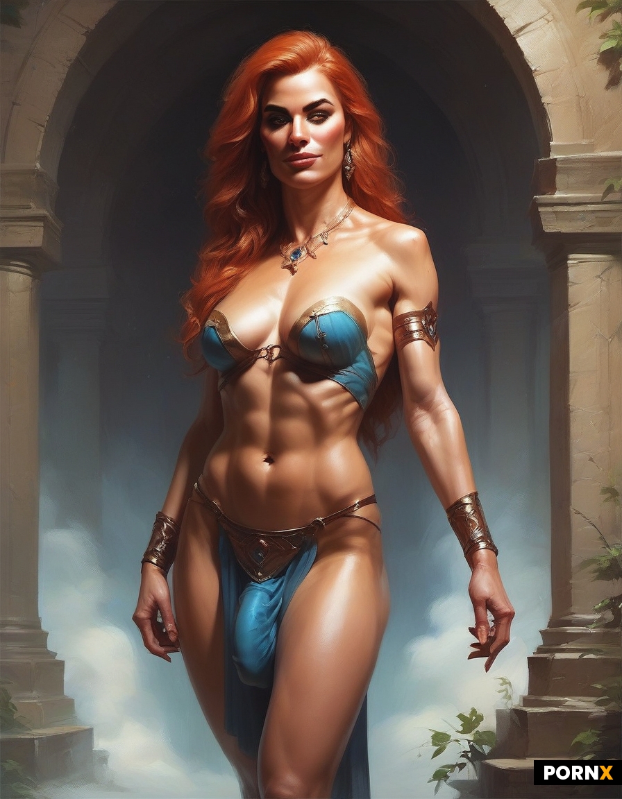 A pale athletic redhead woman with a loincloth covering her cock