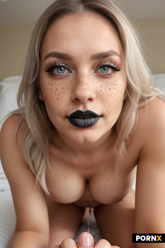 She is sitting on her knees looking up at the viewer showing a sliver of white under her iris, fully naked her massive ass and breast sticking out, buckteeth, freckles, freckles on her nose and cheeks, blue eyes, black kohl eyeliner, running eyeliner,smeared eyeliner, (black lipstick), white hair, straight hair, white nail varnish, birds eye view