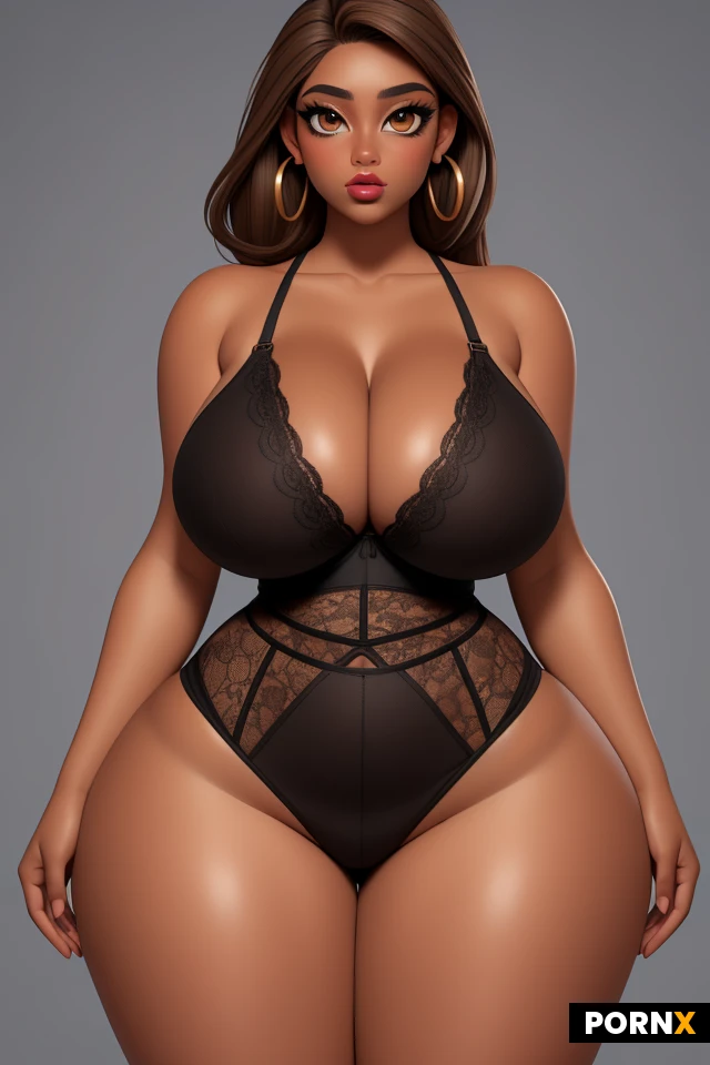 woman, very dark skin, light brown hair, blonde highlights, lots of makeup, thick black eyeliner, thick lips, earrings, mature, (thick thighs:1.2), (curvy:1.5), (thick:1.25), (voluptuous:1.25), (huge boobs:1.35), tight, firm, perky, (wide hips:1.5), (narrow waist:1.35), amber eyes, lipstick, pouting, lace, sexy pose, portrait