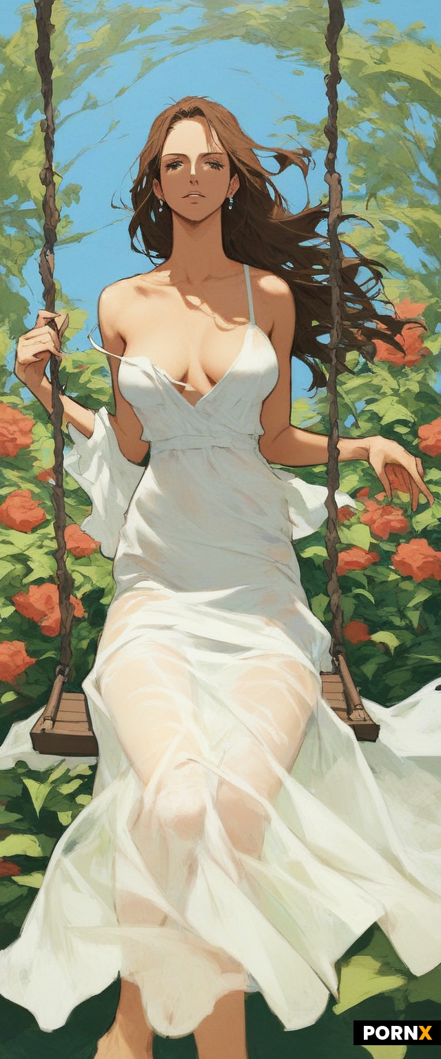 One piece anime style woman sitting on swing in a garden