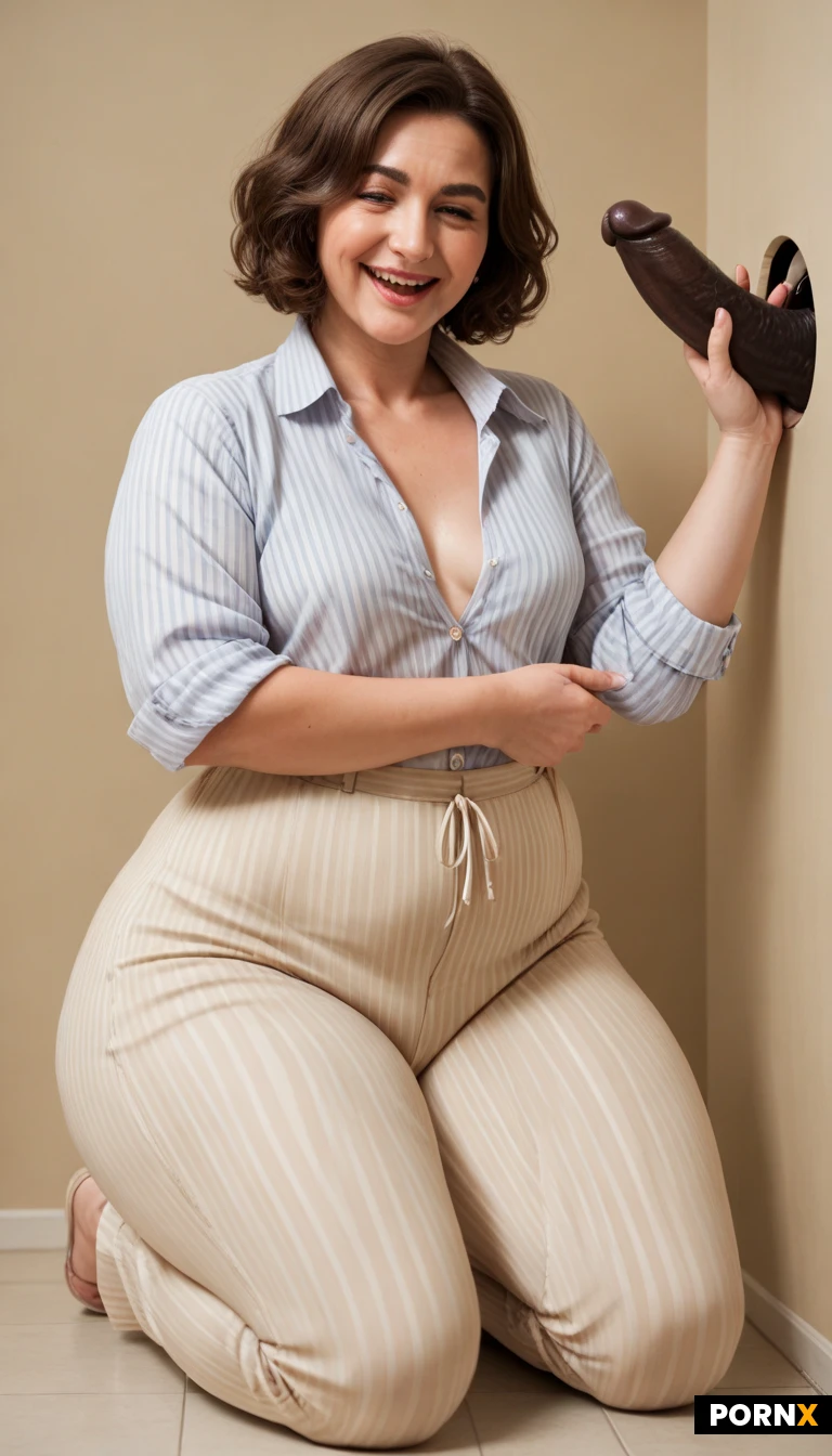 1girl,close_face_view,short_stack_mom,brunette hair,wavy short hair,beautiful face,pale skin,plump arms,plump wrists,small breasts,flat chested,skinny waist,skinny belly,curvy wide hips, wide chubby hips,big hips,plump_chubby legs,big chubby ass,huge ass,giant ass,big_chubby_thighs,big_strong_shapely thighs,striped_collared_shirt,sleeves rolled,beige stretch pants,pale skin,open_mouth,laughing,kneeling,dim lighting,gloryhole,handjob,huge long African cock,thick African cock