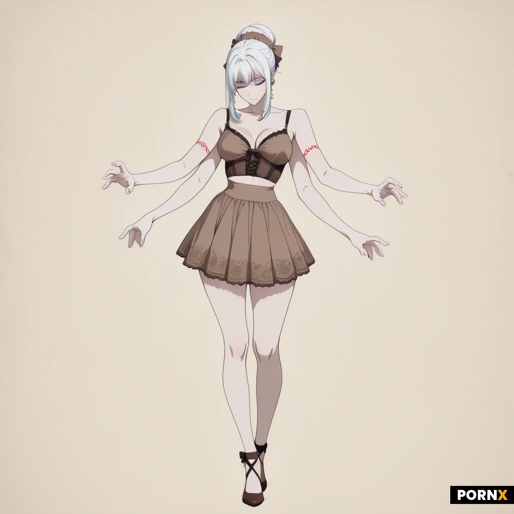 Original anime character design: an 18-year-old Russian woman with fair, pale skin, short, straight, pure-white hair, and bright blue eyes fully open with clearly visible blue irises. Her expression is calm and neutral. She weighs 60 kg, and has a large bust, medium hips, a small abdomen, and relatively long, slender arms and hands. Keep proportions balanced.
She wears an elegant, entirely solid-brown dress inspired by a formal gown. The bodice is fitted for her fuller bust, with thin shoulder straps and a defined waist. The long, wide A-line skirt flows from the waist to her ankles, with fabric folds. The dress is opaque and provides full coverage. Use one uniform brown color only: no flowers, prints, patterns, logos, lace, bows, or decorations.
Show the character standing in a neutral pose, head to toe, with her full silhouette and entire dress visible from shoulders to ankles. Keep her face, proportions, hairstyle, eye color, and clothing consistent. Use Japanese anime concept-art styling, clean linework, detailed white hair strands, vivid blue irises, subtle shading, and polished fabric details. Focus entirely on the character against a plain, uncluttered background.
No accessories, jewelry, tattoos, or distinctive markings. Her eyes must be fully open, not sleepy or half-lidded. Avoid closed eyes, winking, short or mini skirts, pencil skirts, split skirts, exposed midriff, a small bust, extra limbs, distorted hands, cropped feet, or a cropped skirt. . Preserve all specified features in every illustration, and do not invent exact measurements for unspecified body parts!
