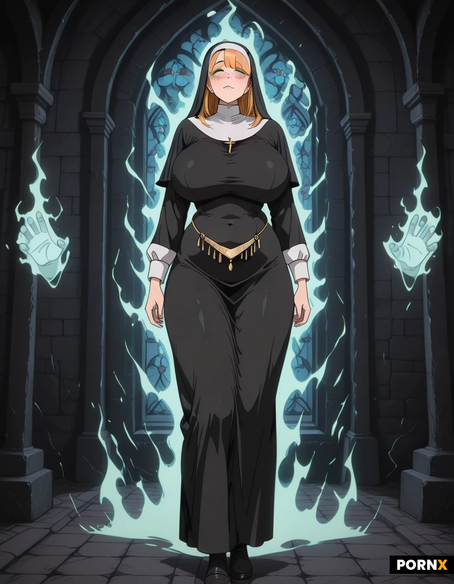 sexy beautiful female nun, huge breasts, ginger hair, green eyes, freckles she is extremly aroused. She is getting consensually possessed by a ghost, which shows by a ectoplasmic aura around her and her being cover in white ectoplasma and ghostly hands consensually playing with her body. Full body visible. Her nun outfit is open in the front an reveals a belly dancer outfit. Dark dungeon background.
