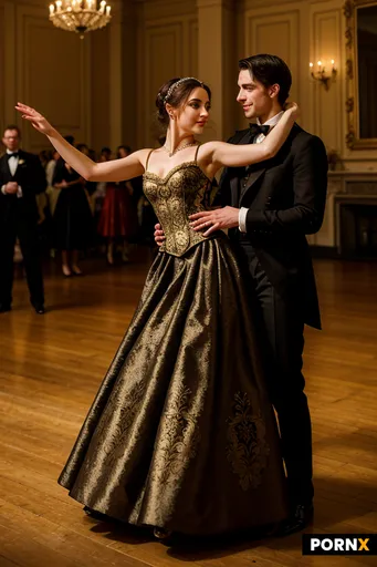 Beautiful 16th century woman in a 16th century dance in a ballroom