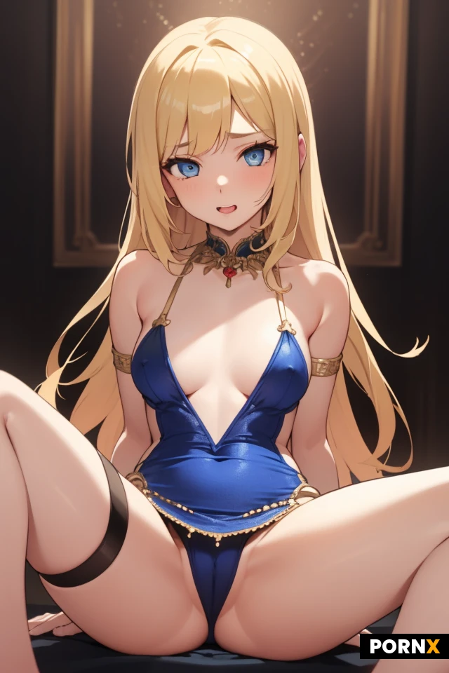 A 18 year old blonde girl with blue eyes and long heavy hair dressed in a sexy very tiny red belly dancing dress while setting on top of a dick and getting gangbanget