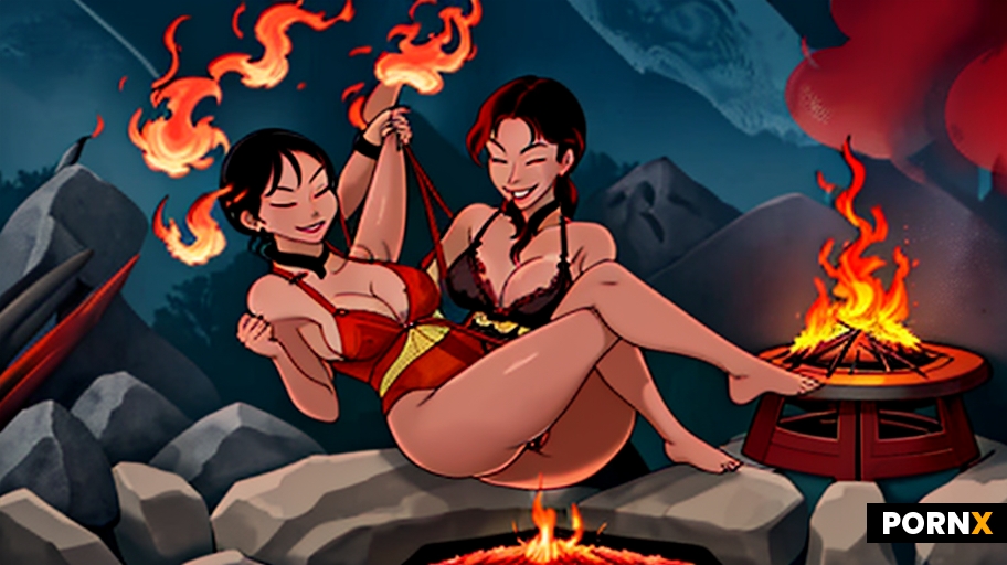 Japanese woman in shibari dangling in the air in ropes over a raging firepit with tall engulfing fla