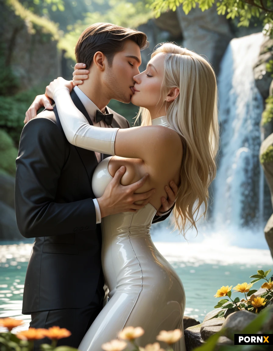 masterpiece, best quality, highres, absurdres, couple, 1girl, 1boy, wedding, waterfall, outdoor, white latex dress, black suit, latex, kissing, breast grab, wet, smiling, long hair, waterfall background, sunlight, depth of field