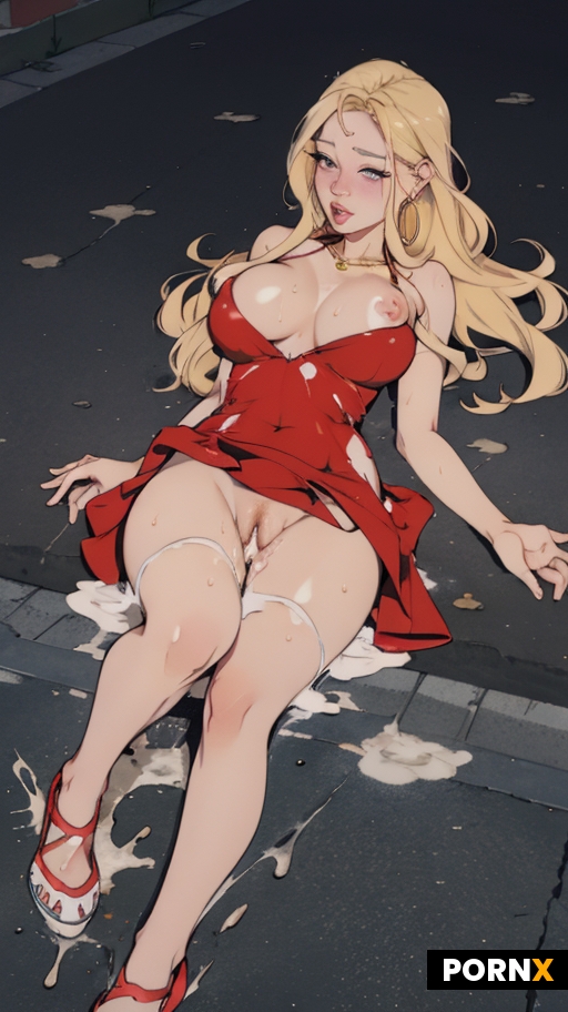 beauty blonde woman lying on a public street floor with a lot of people around