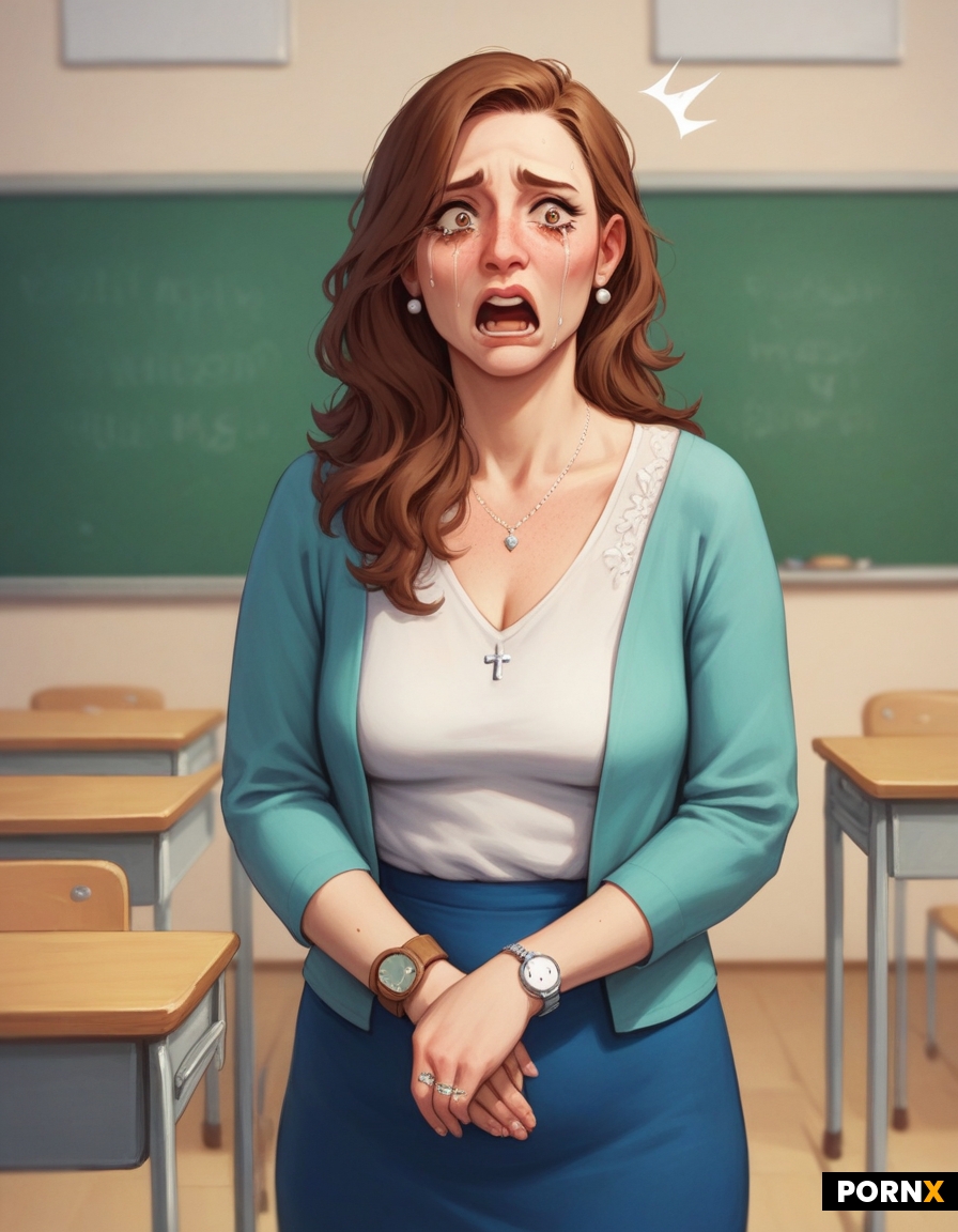Married frumpy teacher-mom in 80's teachers clothes standing in front of a classroom