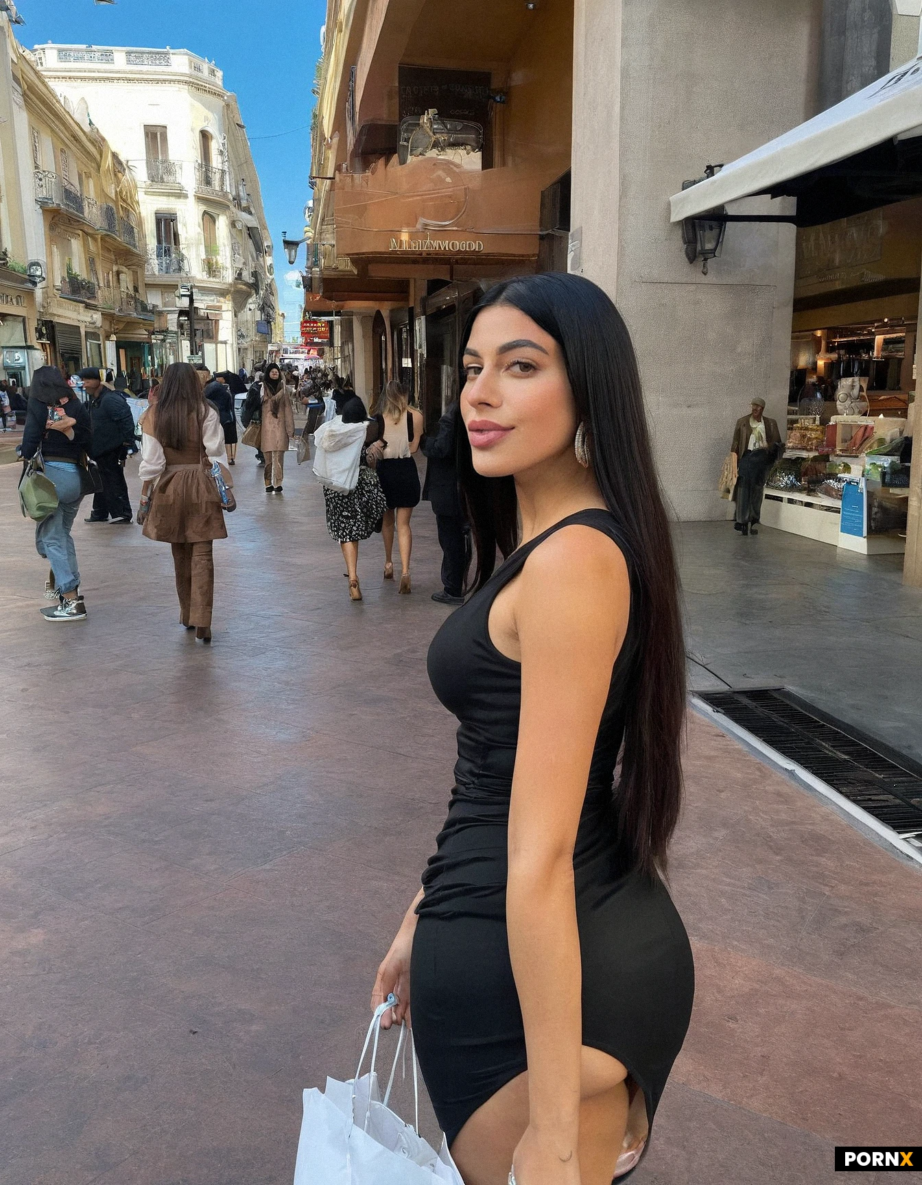 24 year old Colombian woman, fit slim body, medium tits, medium ass, rich designer short dress, long French tip nails, long black straight hair. Fully clothed, cute face, expensive jewelry, Facing camera, holding shopping bags, Outside at a Hollywood strip mall. Low camera angle looking up