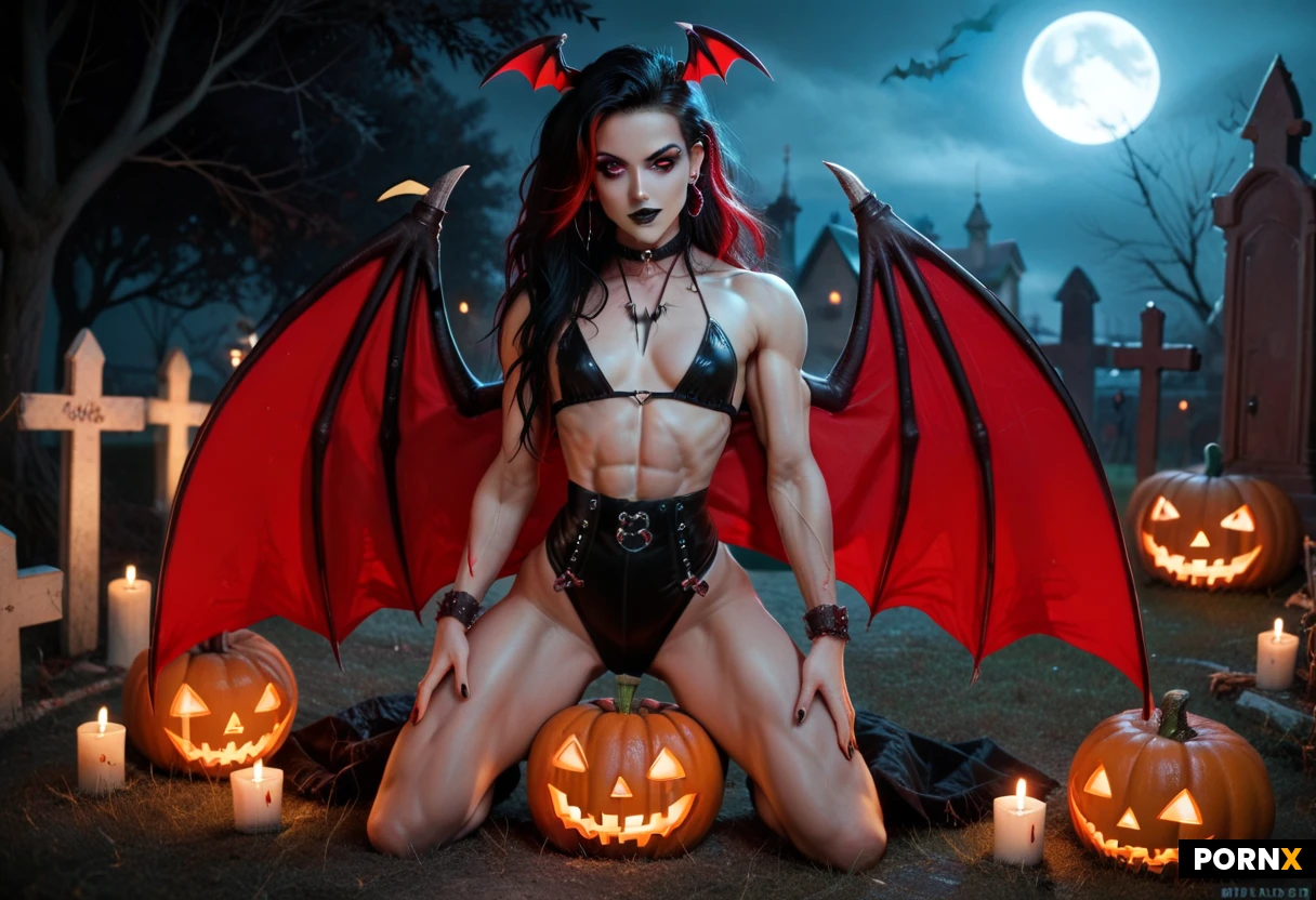 (a hot slutty goth model, (thin build:1.4), small breasts, cute face, (extremely thin waist:1.5), toned muscles, small rounded ass, pronounced thigh gap, (very long messy black hair with red highlights), pale skin, big purple eyes, black lips, ear piercings, very seductive looks, bat wings), Halloween themed graveyard, carved pumpkins, kneeling, bat-themed underwear, exposed abs, facing viewer