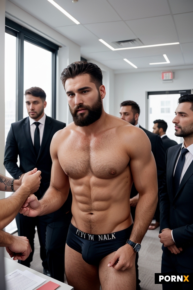 One shirtless guy in his underwear is surrounded by many bearded businessmen and men in formal suits