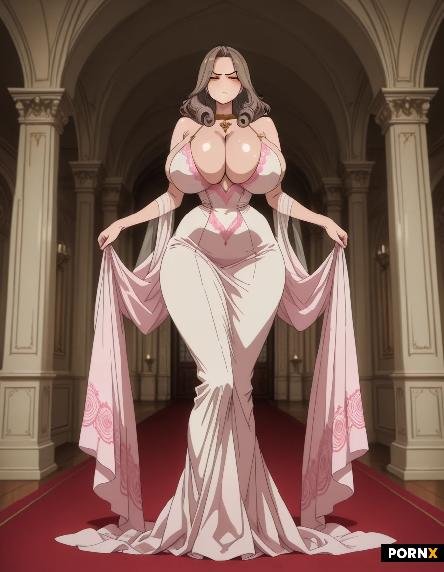 Anime style, full body view, beautiful human princess, 150cm tall, tsundere expression with lightly flushed cheeks, highly detailed face, delicate facial features, warm brown eyes with long eyelashes, detailed eyes, soft lips, long curly brown hair, fair flawless skin, extremely massive hyper gigantic breasts fully exposed and uncovered, breasts so huge they dominate her frame, very narrow waist, wide curvy hips, wearing an elegant royal dress open at the chest leaving her enormous bare breasts completely out, intricate gold and pink embroidery, standing pose, luxurious mansion background, highly detailed face and body, sharp focus, seductive yet elegant atmosphere