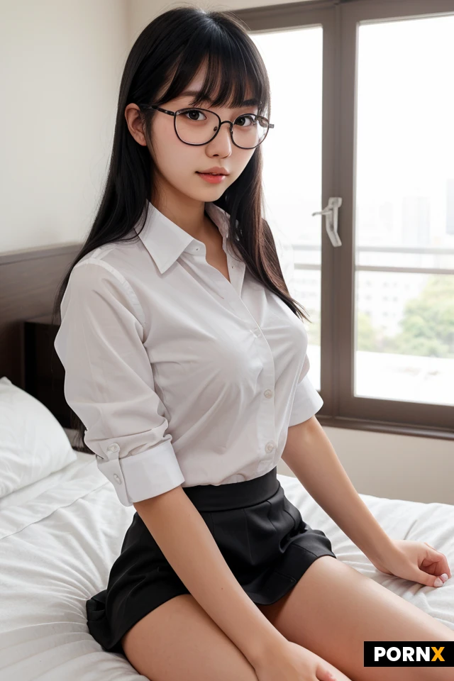 Japanese 18 year old female, modern bedroom, long black hair, bangs, solo, slim, medium sized breasts, black glasses, youthful face, white collared shirt, black skirt
