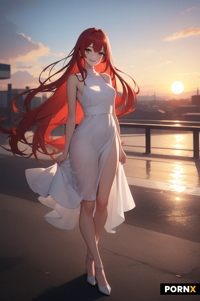 masterpiece, best quality, highres, absurdres, 1girl, solo, red_hair, long_hair, brown_eyes, looking_at_viewer, smile, standing, white_dress, full_body, detailed_background, outdoor, sunset, soft_lighting, depth_of_field, beautiful