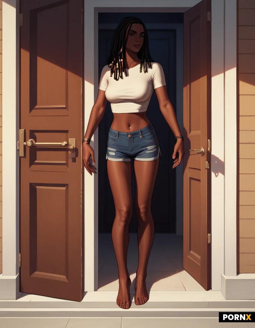 masterpiece, best quality, highres, absurdres, 1girl, solo, black_hair, long_hair, black_eyes, large_breasts, slim_body, tight_shirt, midriff, booty_shorts, shorts, standing, doorway, outdoors, front_door, confident, full_body, soft_lighting,african-american,dreadlocks