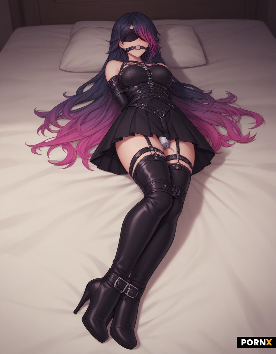 tied up wearing high heeled thigh high boots