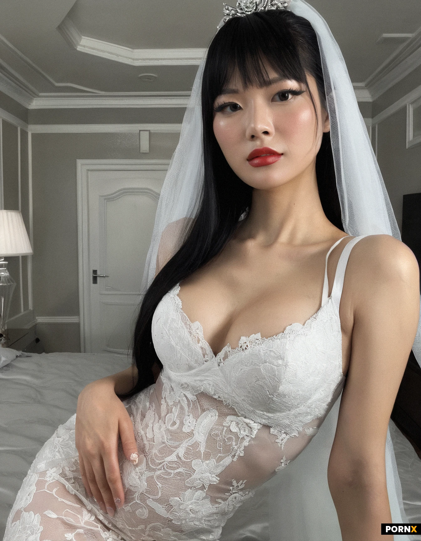 Photorealism. Cinematic lighting. Dynamic angle.
Dark mansion. Black room.
20 year old Chinese woman. A beauty mole on her right side of her chin. Long straight black hair with bangs and tied with a ponytail. Black eye color. Pretty bridal makeup face. Small nose. Narrow jaw. Skinny fit. Small perky breasts. Long A-Line White Lace Wedding gown with spaghetti strap. Bridal veil. Heavily Pregnant. Lying back on the bed. Having an orgasm. Eyes rolled back. Missionary pose.