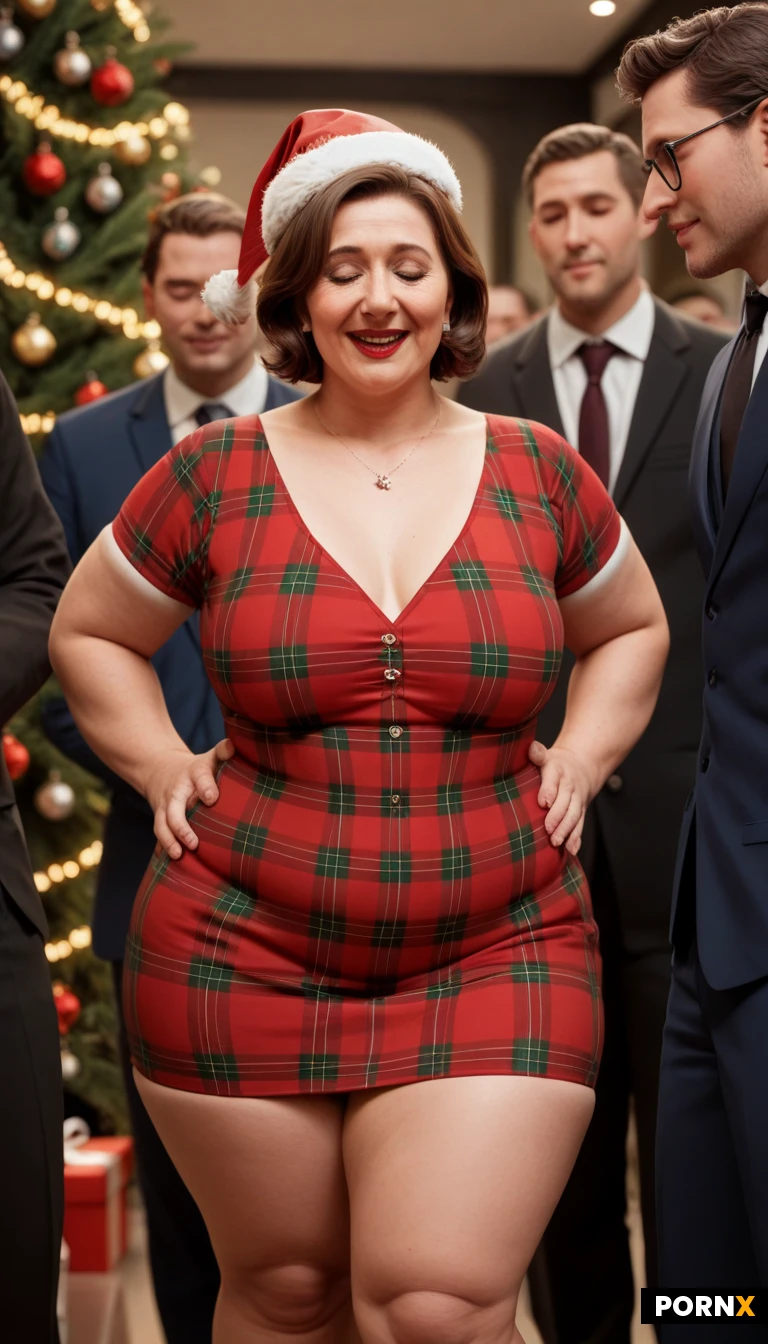 masterpiece, best quality, highres, absurdres, bust-up_view,1girl, multiple_males,chubby_short_stack_mom,mature,beautiful face,pale skin,brunette_hair,wavy short hair,chubby arms,chubby wrists,huge boobs,wide hips,chubby ass,chubby thighs,red plaid dress,collared dress,short sleeves,Santa hat,Christmas tree,string lights,office Christmas party,lipstick, open_mouth, closed_eyes, shy_smile, standing,hands on hips ,detailed shading,warm_lighting,crowd of fit _men in suits,