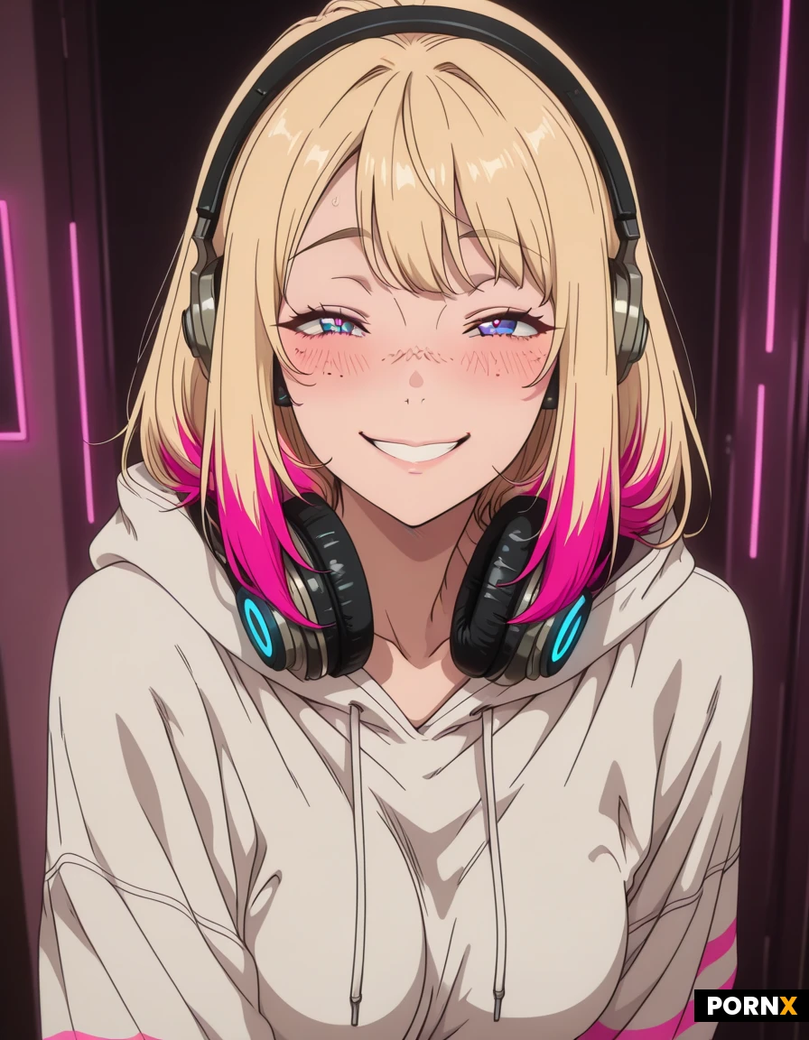 First-person view from man penetrating the woman vaginally. Woman has an e-girl style with blond hair and neon dyed stripes, an oversized hoodie, playful accessories, a blush glow, freckles, headphones, and a gamer girl vibe., The subject looks flirty, with a subtle smile, direct gaze, and soft expression., excited, flirty, wide view, flashing tits