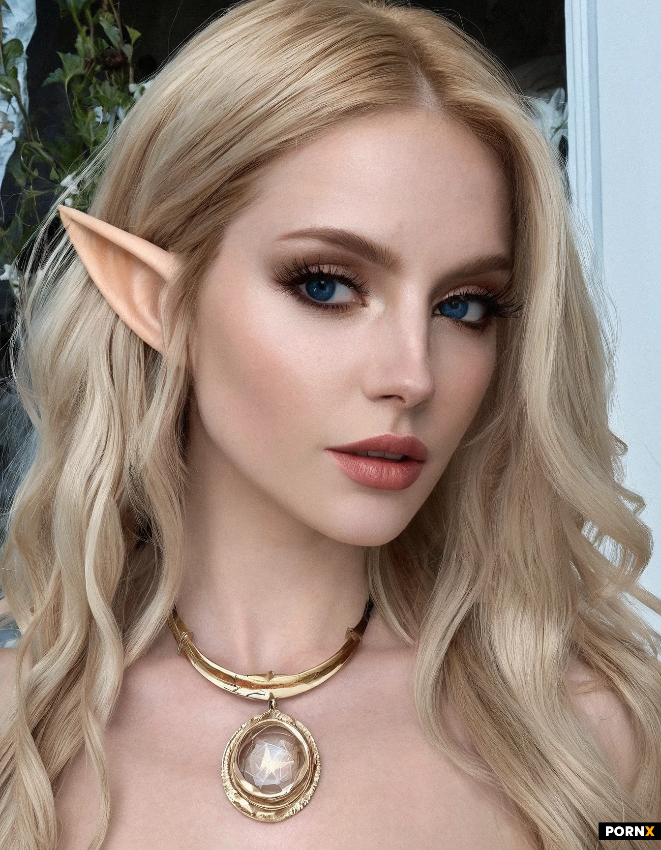 A hyper gorgeous blonde elf with golden blonde hair, ice blue eyes, hourglass body