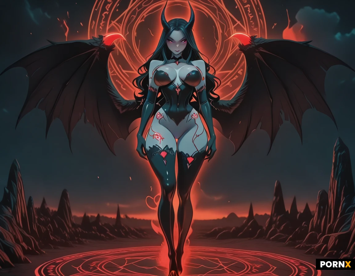 Demon girl, horns, wings, hoofs-feet. Violett skin. Oversized dangling tits. Bare pussy with glowing demon tattoo. Seductive face and stand. Emerging from magic circle and brimstone cloud.