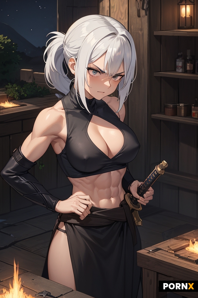 Thin muscular 25-year-old woman in sackcloth pants hammering on a sword