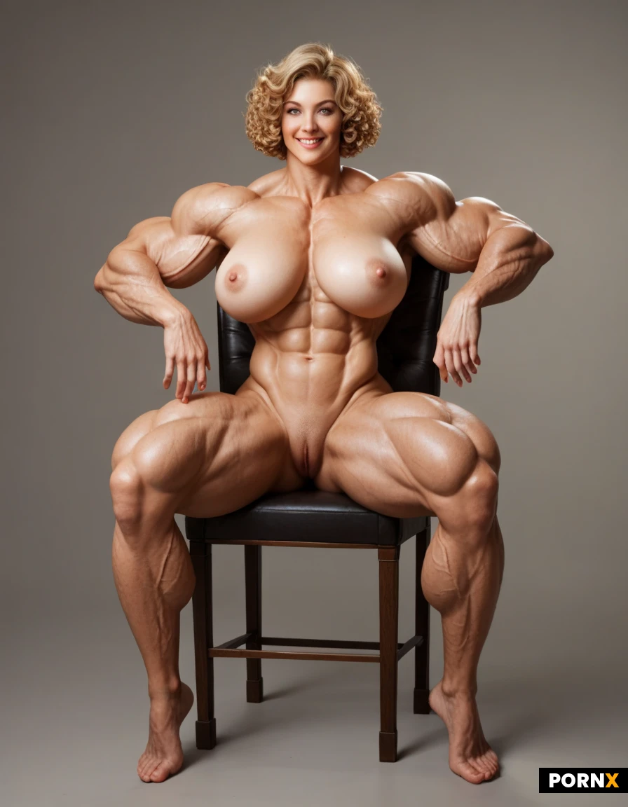Completely naked, very sexy, gorgeous face, solo, looking to her left, full body view, extreme muscularity, broad shoulders, massive arms, massive legs, very muscular neck, very well defined physique, extremely veiny muscles, perfect perky breasts, 2 inch large erect nipples, seated on a leather chair, knees slightly apart, hands at her side, friendly smile, golden blonde hair, very short hair curly permed hair,