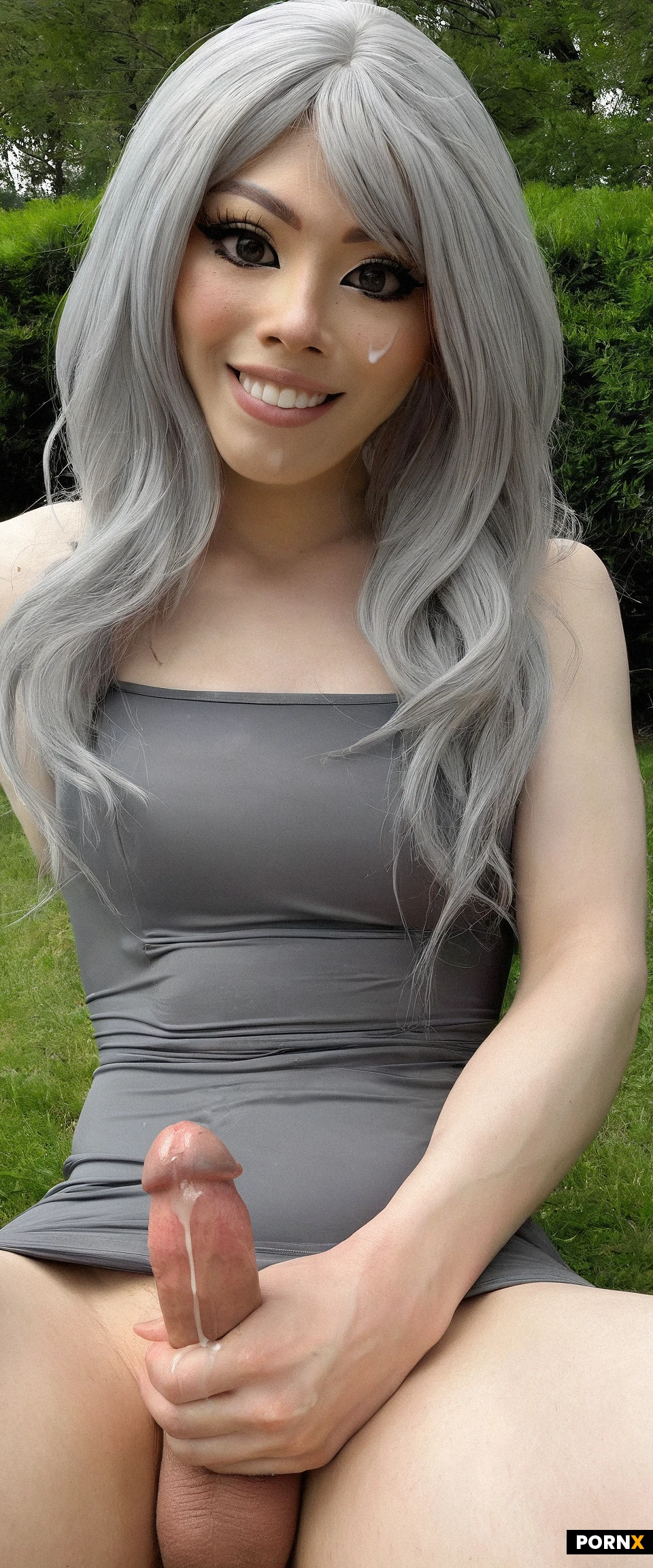 Japanese futanari sitting with legs raised, Cute face, Makeup, happy face, freckles, (chubby: 1.3), big waist, squirting cum out of cock, Asian face, big eyes, wearing a tight minidress, low view, covered with cum, long hair, gray hair with subtle blonde highlights, outdoor park
