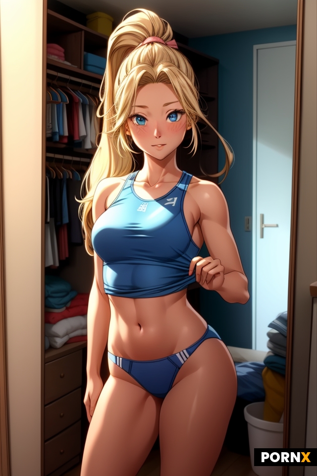 a beautiful 26-year-old athlete from Korea in her room by the mirror
