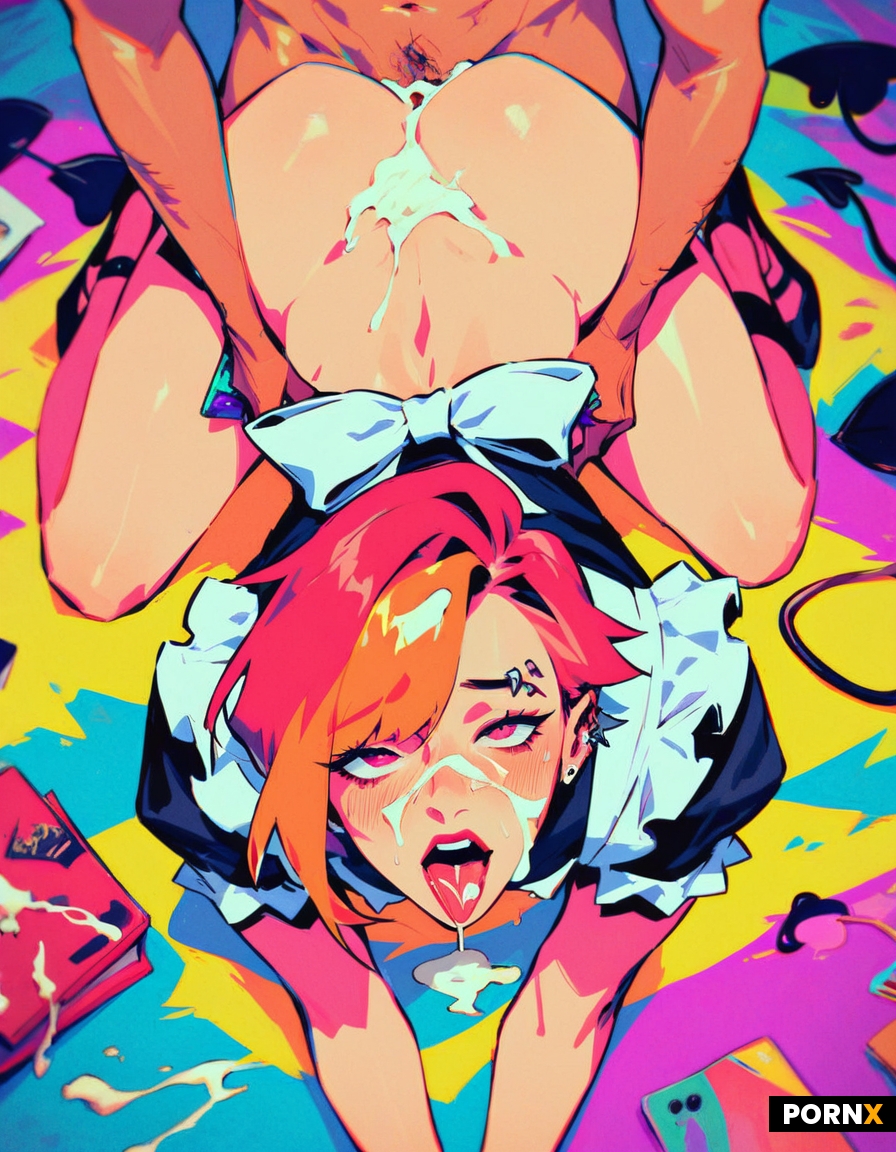 Red haired hentai maid succubus seductive face short hair with bangs pierced nipples