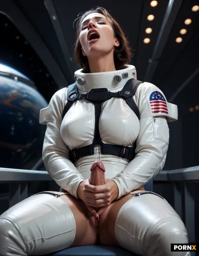 Woman in futuristic space suit sitting in a space pilot's chair