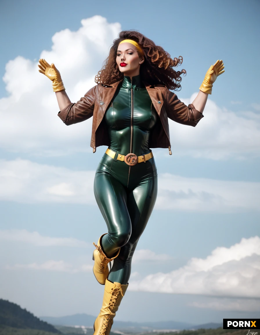 Redhead Irish woman. Fair skin. Red lipstick. Yellow gloves. Green and yellow latex body suit. Brown leather jacket with rolled up sleeves. Long yellow boots to her knees. Long curly hair. Flying in the air. Comic book hero. Super hero. Yellow headband around her forehead. Fluffy hair. Beauty. Stunning confidence. Sci fi. Super hero pose. Flying in the air. Yellow belt. "X" belt buckle. 8k resolution. Glamor photo. Pinup bombshell beauty.