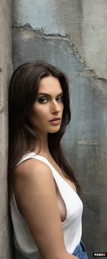 A woman with long brunette hair and fair skin is captured in a candid moment