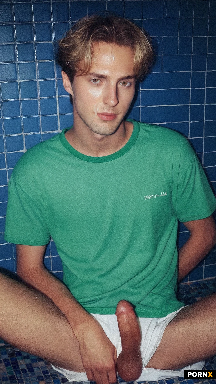 masterpiece, best quality, highres, absurdres, closeup portrait of (((cute man,french,20 years old:1.2):1.2):1.2),dynamic angle, sitting against shadow on wall.((skinny:1.1):1.1),arms on waist, better hands,spreading legs apart. He's wearing a t-shirt, loose white shorts down,shaved pubic hair,(showing off extreme wet dripping cum on penis:1.0).
smug,( blond, short cut)
(Highly_detailed brown eyes:1.0), (intricate pupils:1.0),(better open eyes:1.2)
Blue tiles in background,dramatic lighting
<lora:055:0.5>,(erect penis :1.1), Penis,<lora:bettercocks:0.5>.polaroid, photorealism,night vision,dark scene